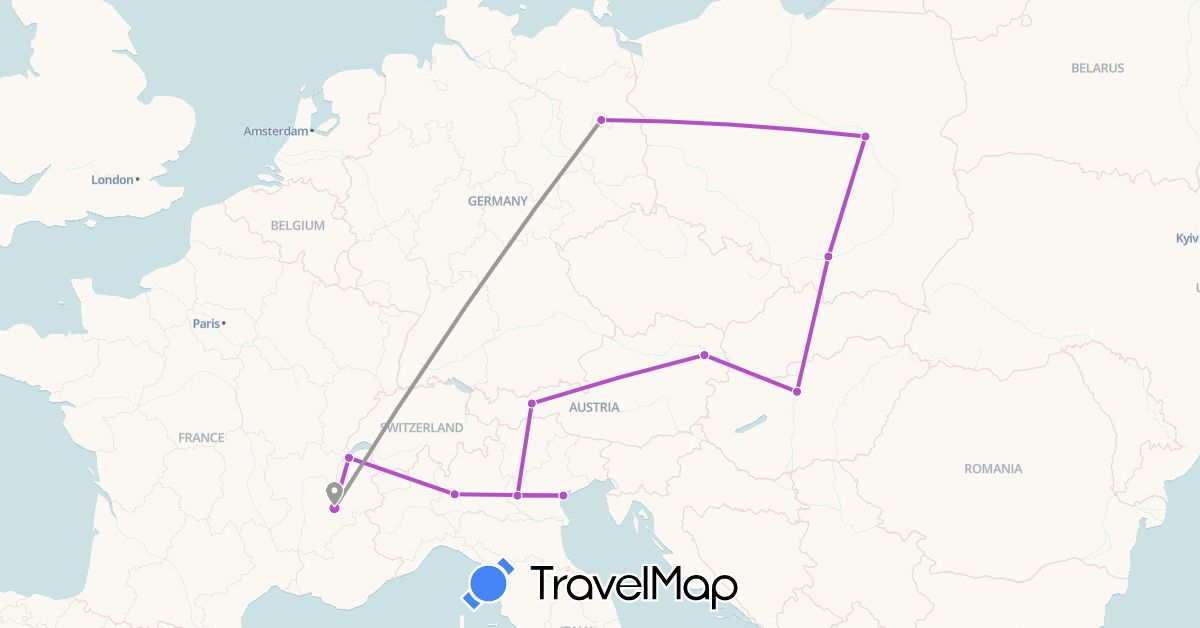 TravelMap itinerary: plane, train in Germany, France, Hungary, Poland (Europe)